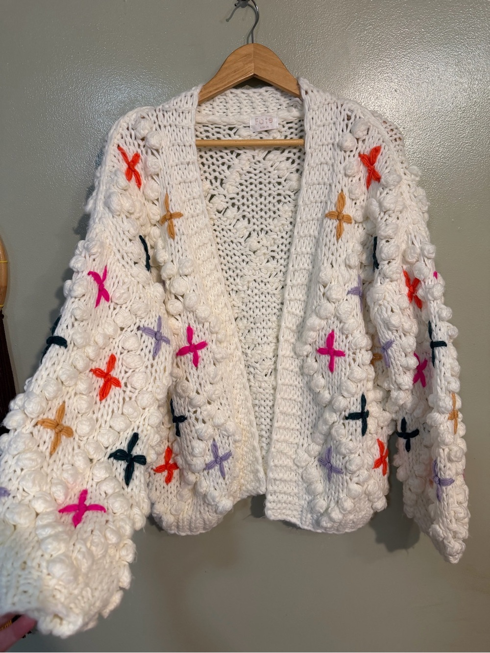 Fate White Crochet Popcorn Cardigan with Multicolor Cross Stitches Chunky L